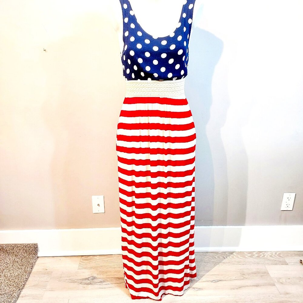 Eloges Vintage Y2k 90's Festive Red White & Blue Striped Maxi Dress Size Medium